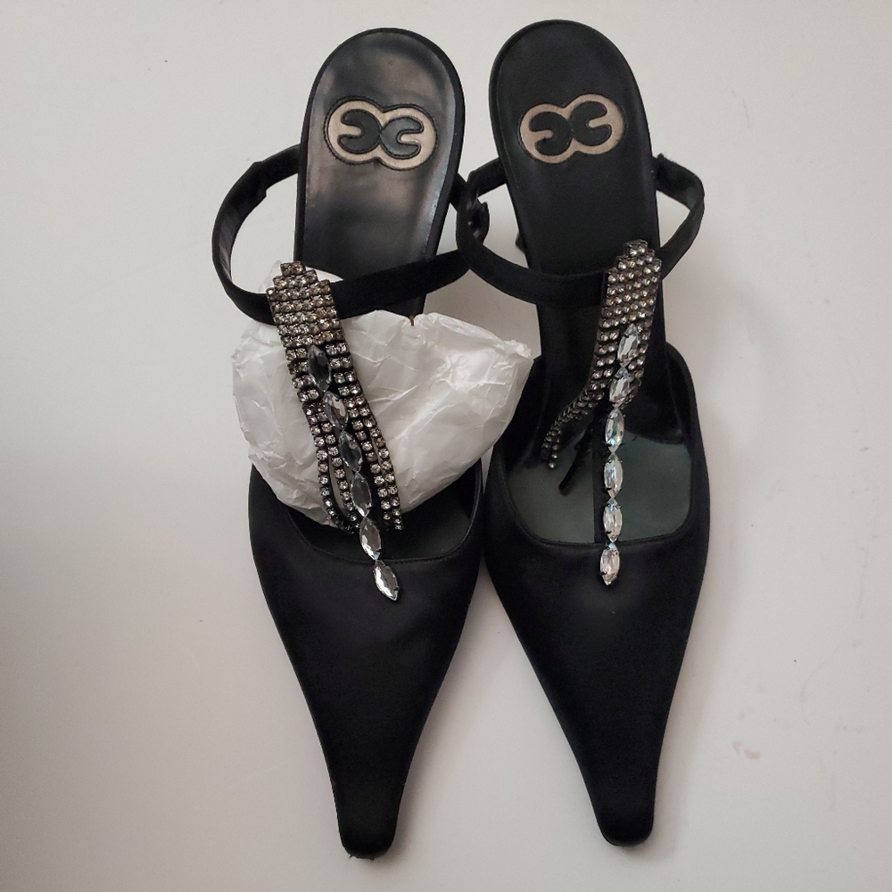 Escada Mules Black Satin Evening Sandals with Rhinestones. New Without Box